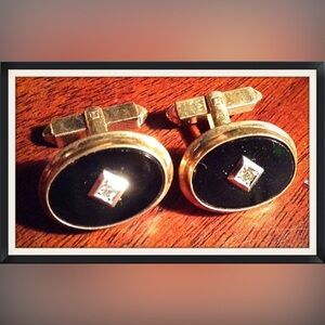 SWANK Onyx and Gold Cufflinks with Diamond Inlay